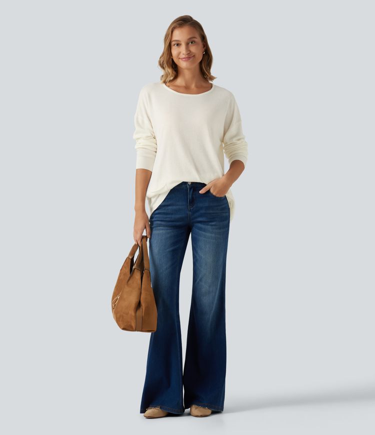 Lässiger Langarm-Pullover mit Rundhalsausschnitt und Taschen Lässiger Langarm-Pullover mit Rundhalsausschnitt und Taschen