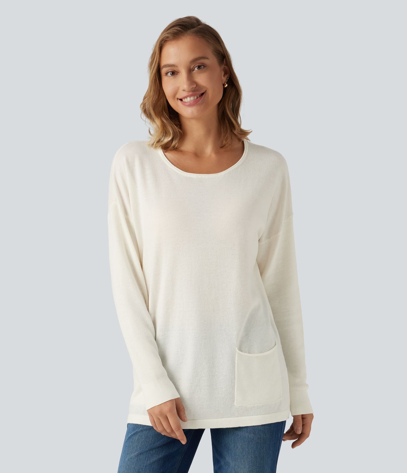 Lässiger Langarm-Pullover mit Rundhalsausschnitt und Taschen Lässiger Langarm-Pullover mit Rundhalsausschnitt und Taschen