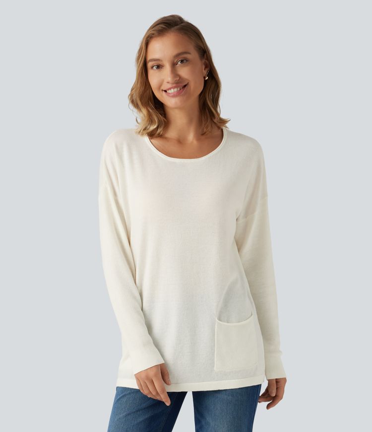 Lässiger Langarm-Pullover mit Rundhalsausschnitt und Taschen Lässiger Langarm-Pullover mit Rundhalsausschnitt und Taschen