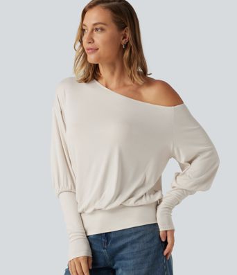 Ribbed One Shoulder Long Sleeve Stacked Casual Top