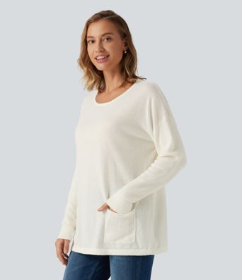 Lässiger Langarm-Pullover mit Rundhalsausschnitt und Taschen Lässiger Langarm-Pullover mit Rundhalsausschnitt und Taschen