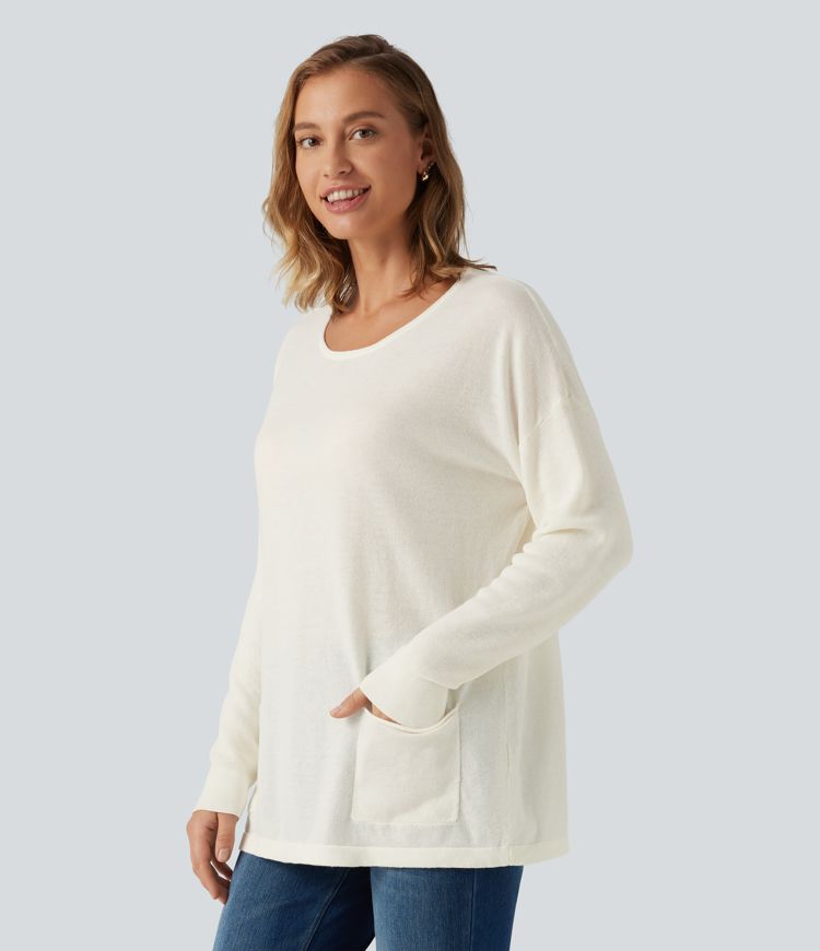 Lässiger Langarm-Pullover mit Rundhalsausschnitt und Taschen Lässiger Langarm-Pullover mit Rundhalsausschnitt und Taschen