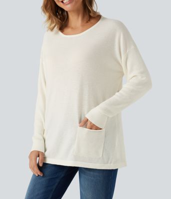 Lässiger Langarm-Pullover mit Rundhalsausschnitt und Taschen Lässiger Langarm-Pullover mit Rundhalsausschnitt und Taschen