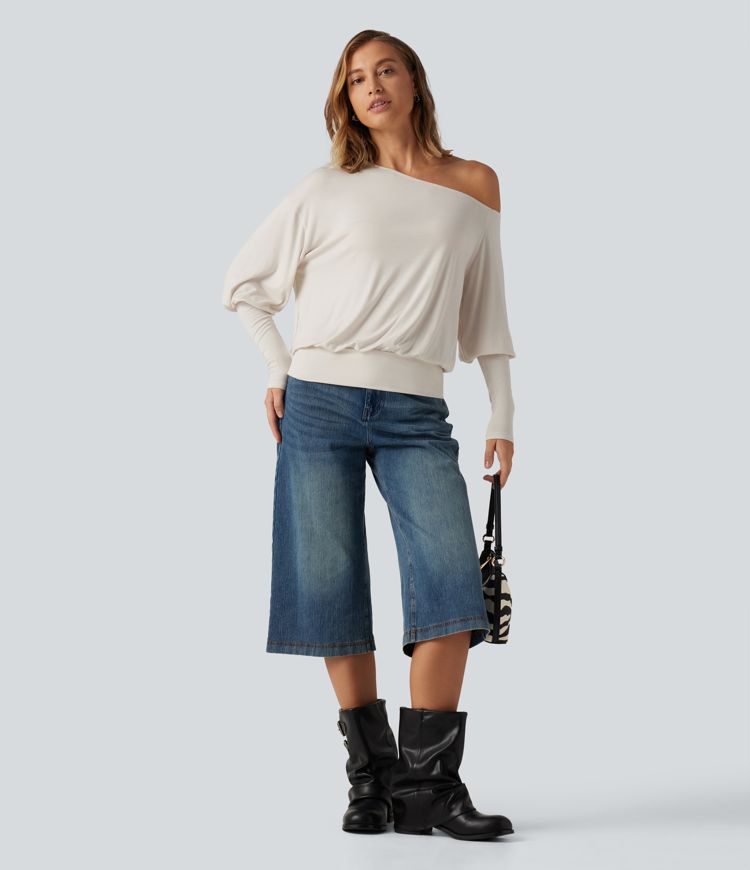 Ribbed One Shoulder Long Sleeve Stacked Casual Top