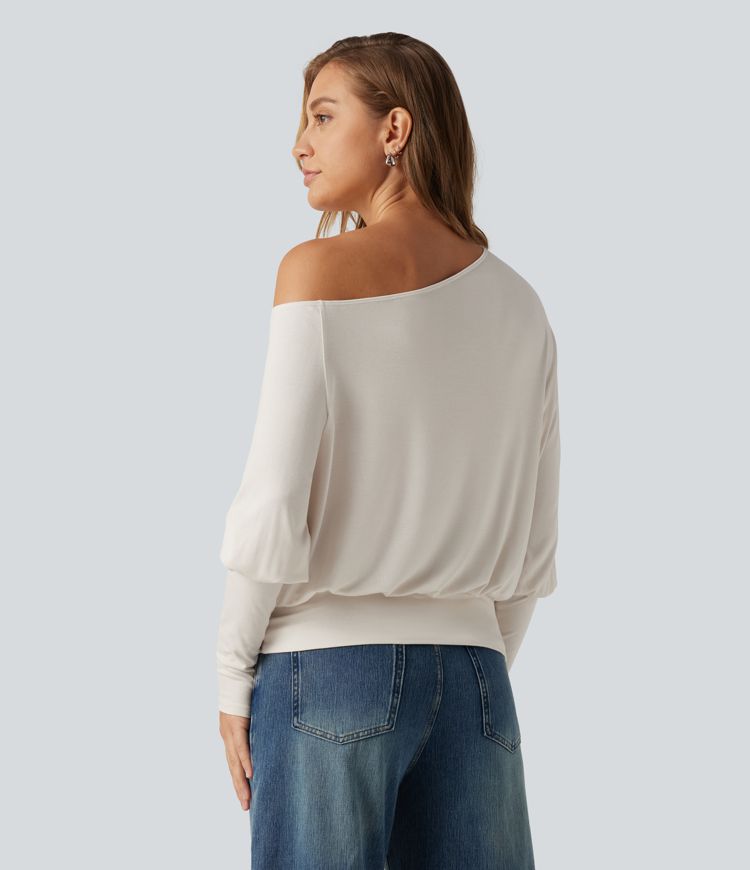 Ribbed One Shoulder Long Sleeve Stacked Casual Top