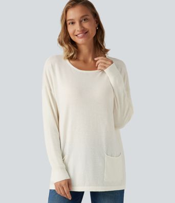 Lässiger Langarm-Pullover mit Rundhalsausschnitt und Taschen Lässiger Langarm-Pullover mit Rundhalsausschnitt und Taschen
