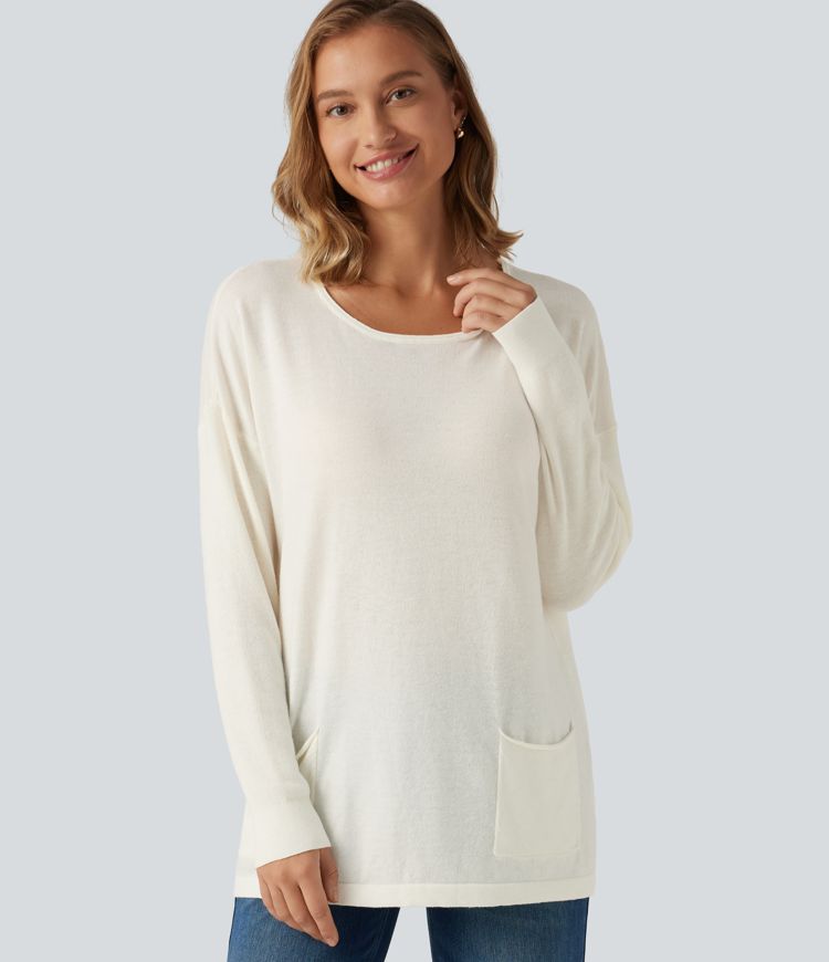 Lässiger Langarm-Pullover mit Rundhalsausschnitt und Taschen Lässiger Langarm-Pullover mit Rundhalsausschnitt und Taschen