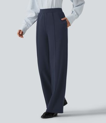 High Waisted Drawstring Straight Leg Casual Cotton Pants with Pockets