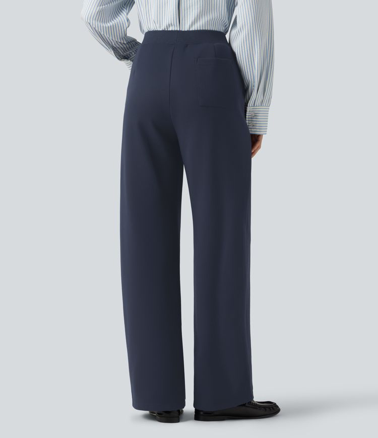 High Waisted Drawstring Straight Leg Casual Cotton Pants with Pockets