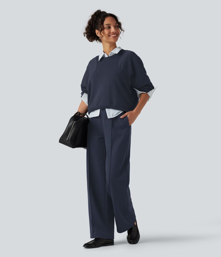 High Waisted Drawstring Straight Leg Casual Cotton Pants with Pockets