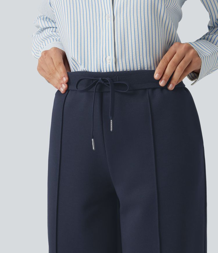 High Waisted Drawstring Straight Leg Casual Cotton Pants with Pockets