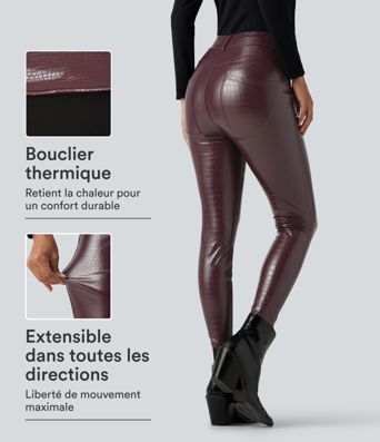 Legging en simili stretch doublé polaire taille haute imprimé serpent avec poches