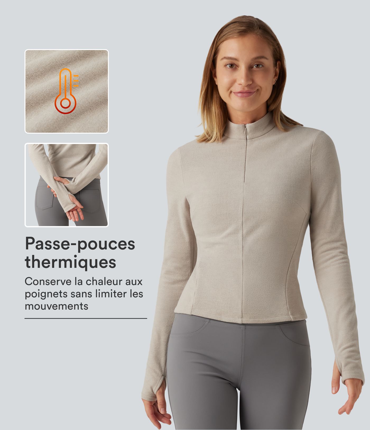 Veste polaire casual à col montant, manches longues et passe-pouces Veste polaire casual à col montant, manches longues et passe-pouces
