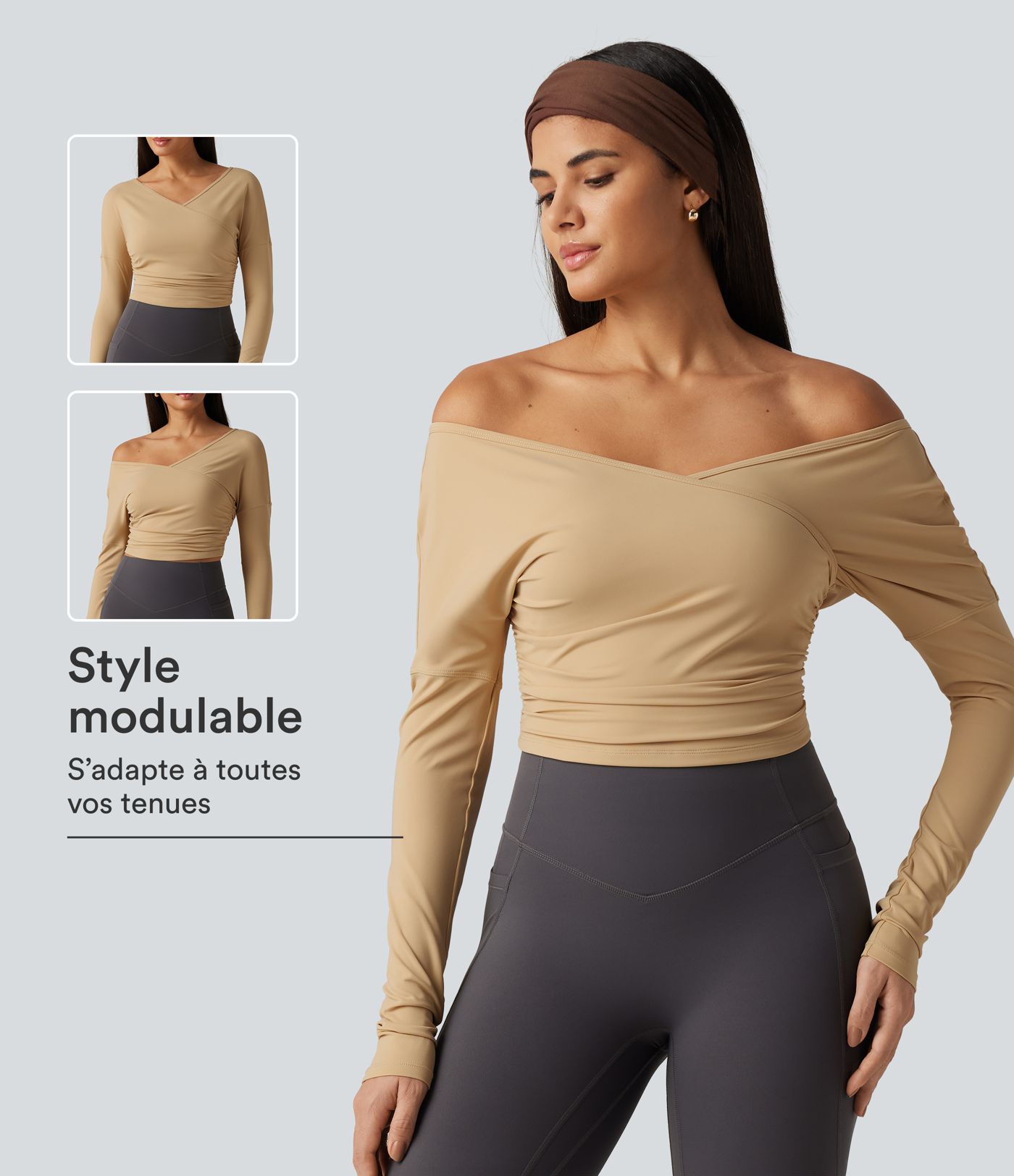 Haut de yoga SoftlyZero™ Airy effet frais InstantCool à encolure en V, manches longues, fronces et design croisé Haut de yoga SoftlyZero™ Airy effet frais InstantCool à encolure en V, manches longues, fronces et design croisé