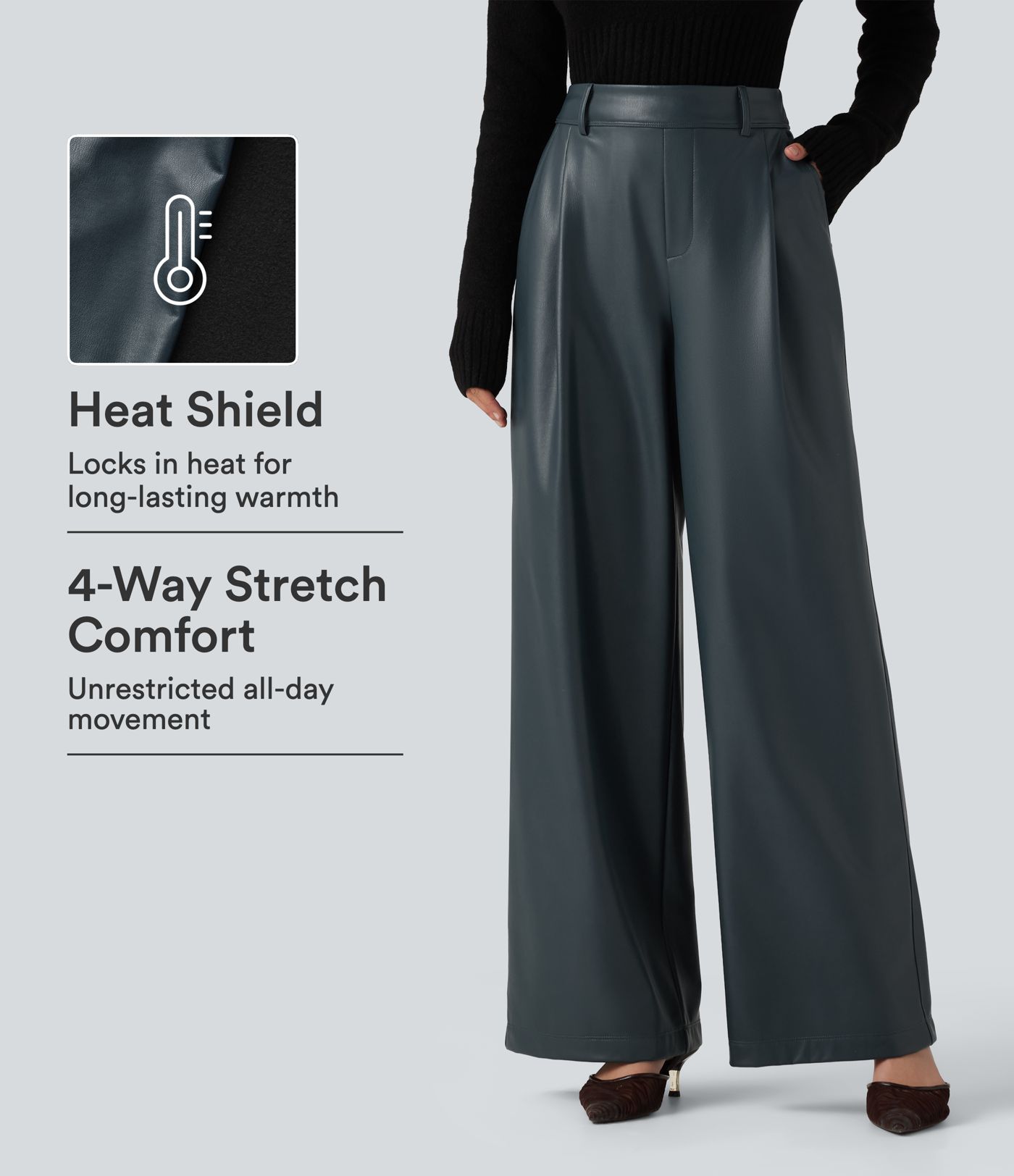 High Waisted Wide Leg Stretchy PU Fleece Casual Pants with Pockets High Waisted Wide Leg Stretchy PU Fleece Casual Pants with Pockets