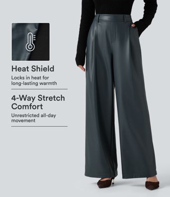 High Waisted Wide Leg Stretchy PU Fleece Casual Pants with Pockets High Waisted Wide Leg Stretchy PU Fleece Casual Pants with Pockets