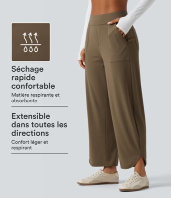 Pantalon de danse à séchage rapide taille haute coupe barrel et ourlet arrondi avec poches et protection solaire UPF40+