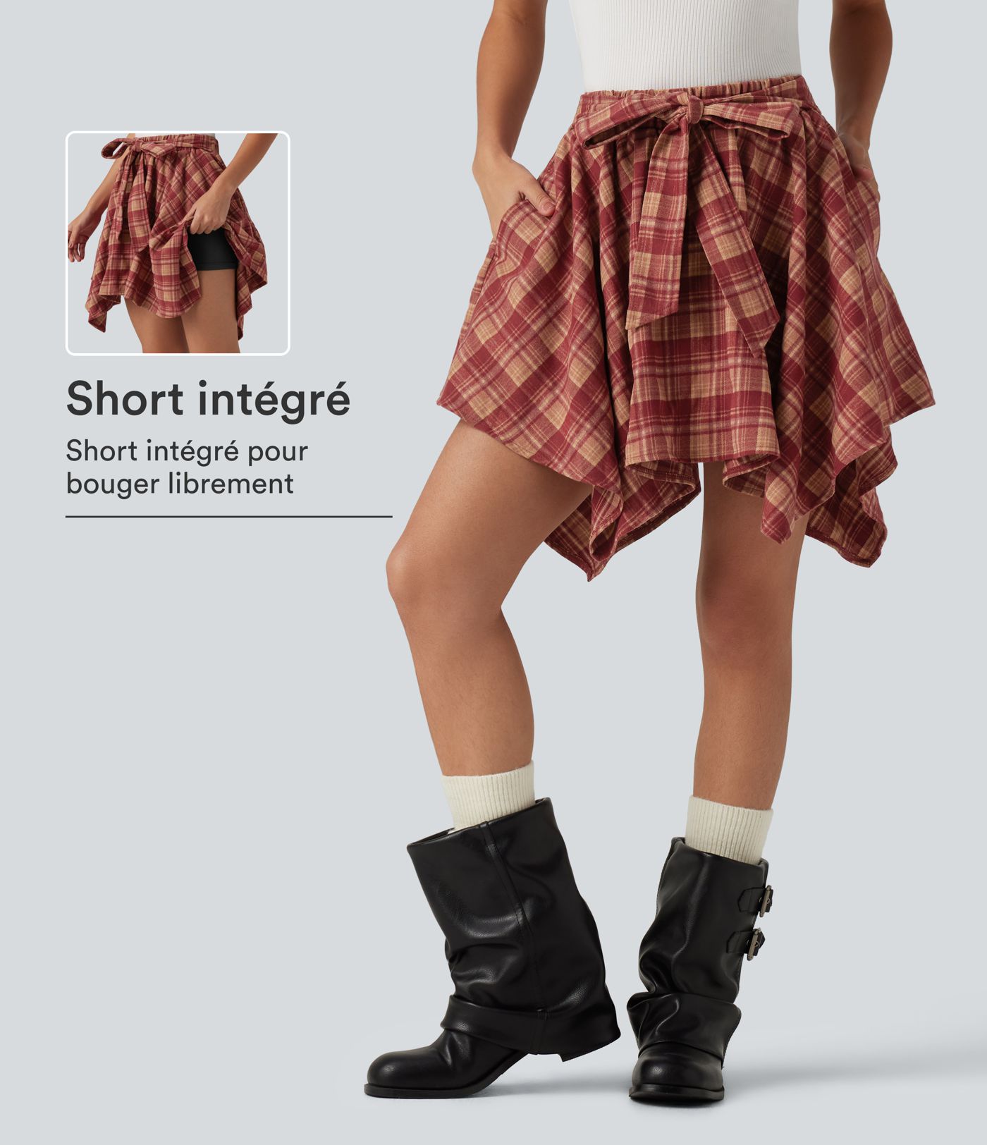Geruite casual minirok, 2-in-1, met hoge taille, strik aan de voorkant en zakken Geruite casual minirok, 2-in-1, met hoge taille, strik aan de voorkant en zakken