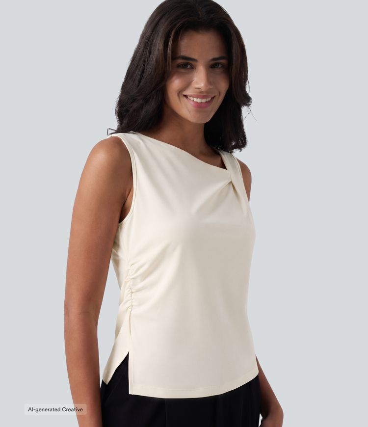 Asymmetric Cowl Neck Sleeveless Ruched Split Hem Work Top Asymmetric Cowl Neck Sleeveless Ruched Split Hem Work Top