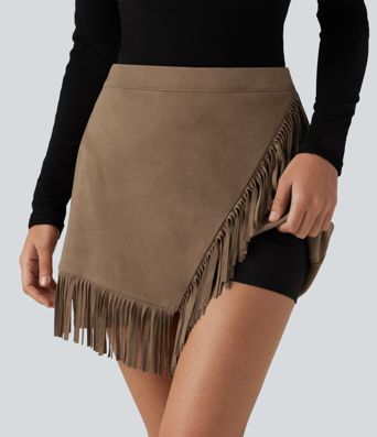 High Waisted A Line 2-in-1 Fringe Hem Asymmetric Mini Suede Party Skirt