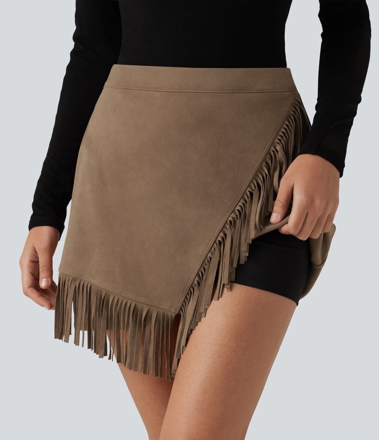 High Waisted A Line 2-in-1 Fringe Hem Asymmetric Mini Suede Party Skirt