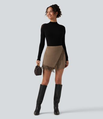 High Waisted A Line 2-in-1 Fringe Hem Asymmetric Mini Suede Party Skirt