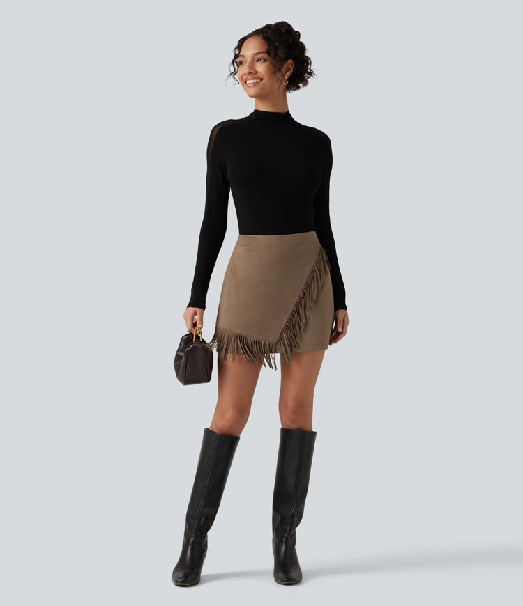 High Waisted A Line 2-in-1 Fringe Hem Asymmetric Mini Suede Party Skirt