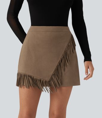 High Waisted A Line 2-in-1 Fringe Hem Asymmetric Mini Suede Party Skirt