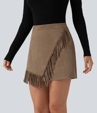 High Waisted A Line 2-in-1 Fringe Hem Asymmetric Mini Suede Party Skirt