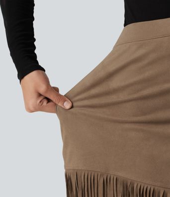 High Waisted A Line 2-in-1 Fringe Hem Asymmetric Mini Suede Party Skirt