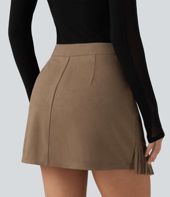 High Waisted A Line 2-in-1 Fringe Hem Asymmetric Mini Suede Party Skirt