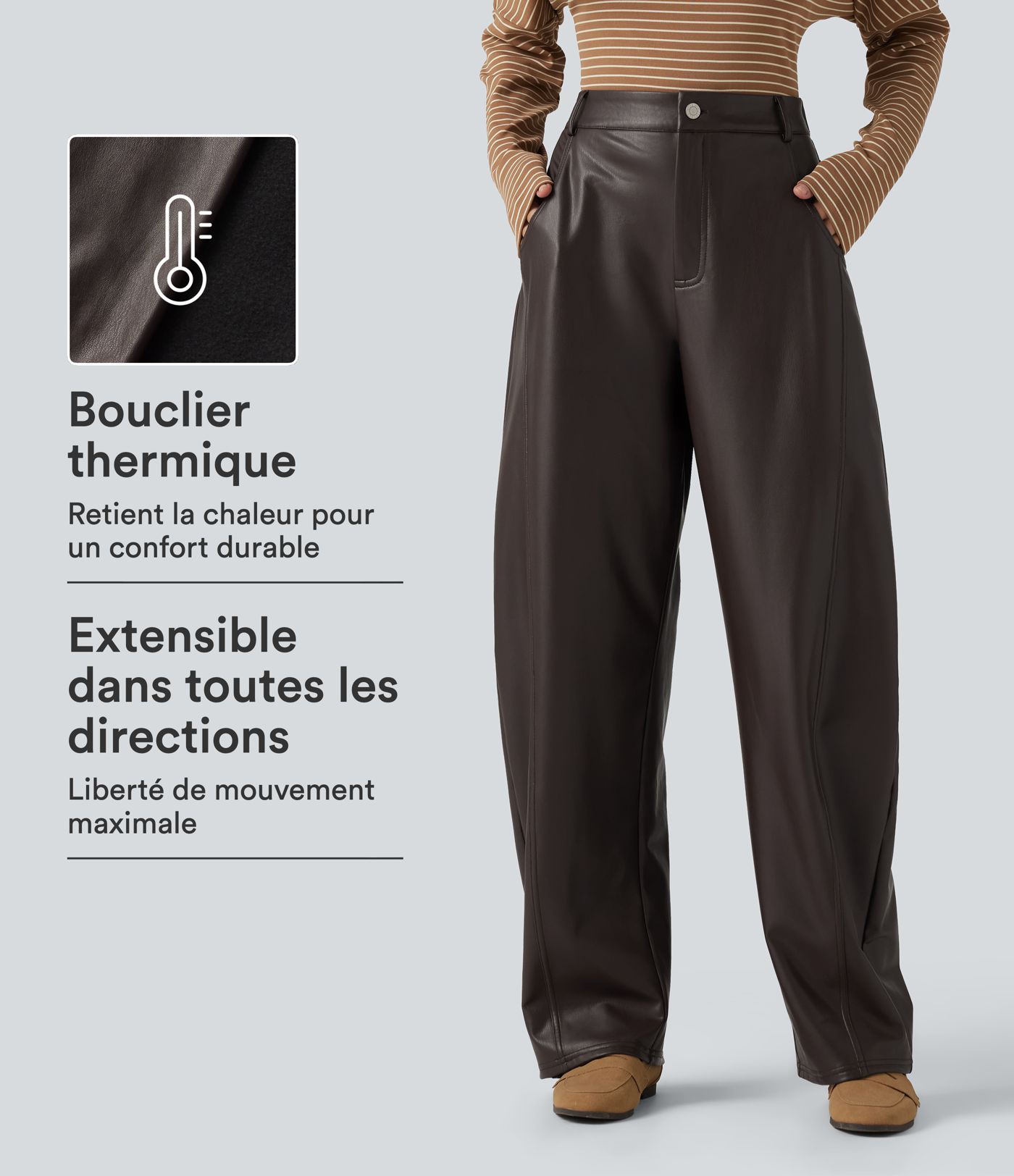 Pantalon en simili stretch doublé polaire taille haute coupe barrel avec poches Pantalon en simili stretch doublé polaire taille haute coupe barrel avec poches
