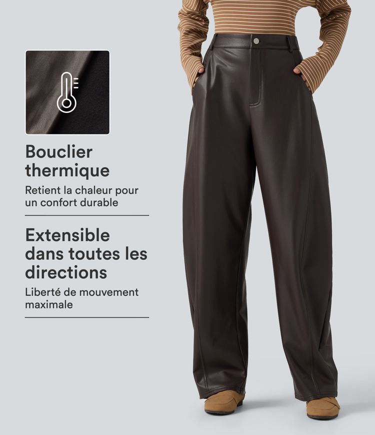 Pantalon en simili stretch doublé polaire taille haute coupe barrel avec poches Pantalon en simili stretch doublé polaire taille haute coupe barrel avec poches