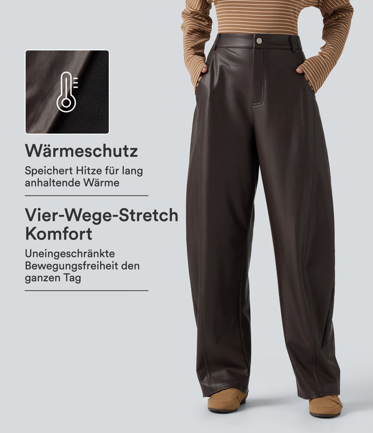 Lässige Fleece-Hose aus elastischem Kunstleder mit hohem Bund, mehreren Taschen und geschwungenem Bein