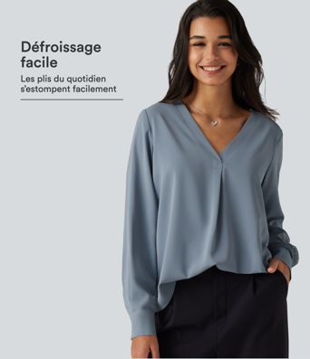 Blouse de bureau défroissage facile, col V et manches longues Blouse de bureau défroissage facile, col V et manches longues
