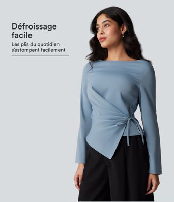 Blouse esprit bureau défroissage facile, encolure bateau, manches longues, fronces et lien côté