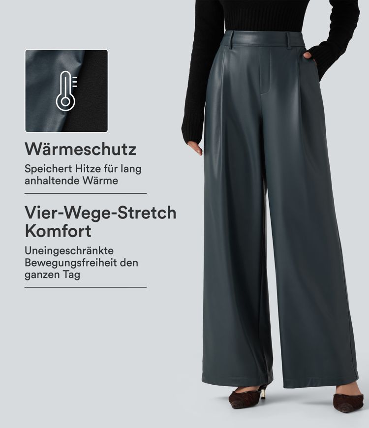 Lässige Fleece-Hose aus elastischem Kunstleder mit hohem Bund, Seitentaschen und weitem Bein