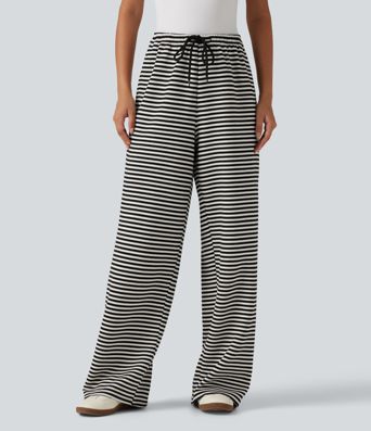 Mid Rise Drawstring Wide Leg Stripe Casual Sweatpants with Pockets