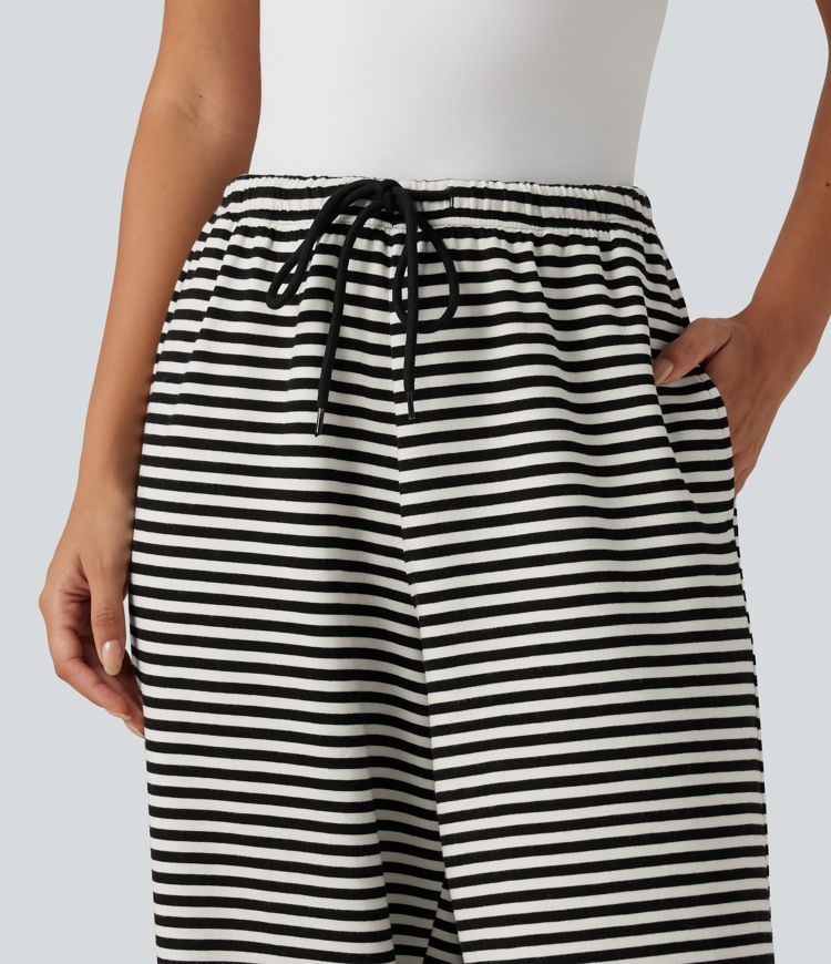 Mid Rise Drawstring Wide Leg Stripe Casual Sweatpants with Pockets