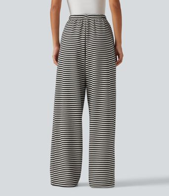 Mid Rise Drawstring Wide Leg Stripe Casual Sweatpants with Pockets