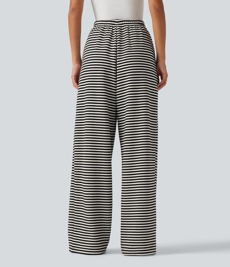 Mid Rise Drawstring Wide Leg Stripe Casual Sweatpants with Pockets