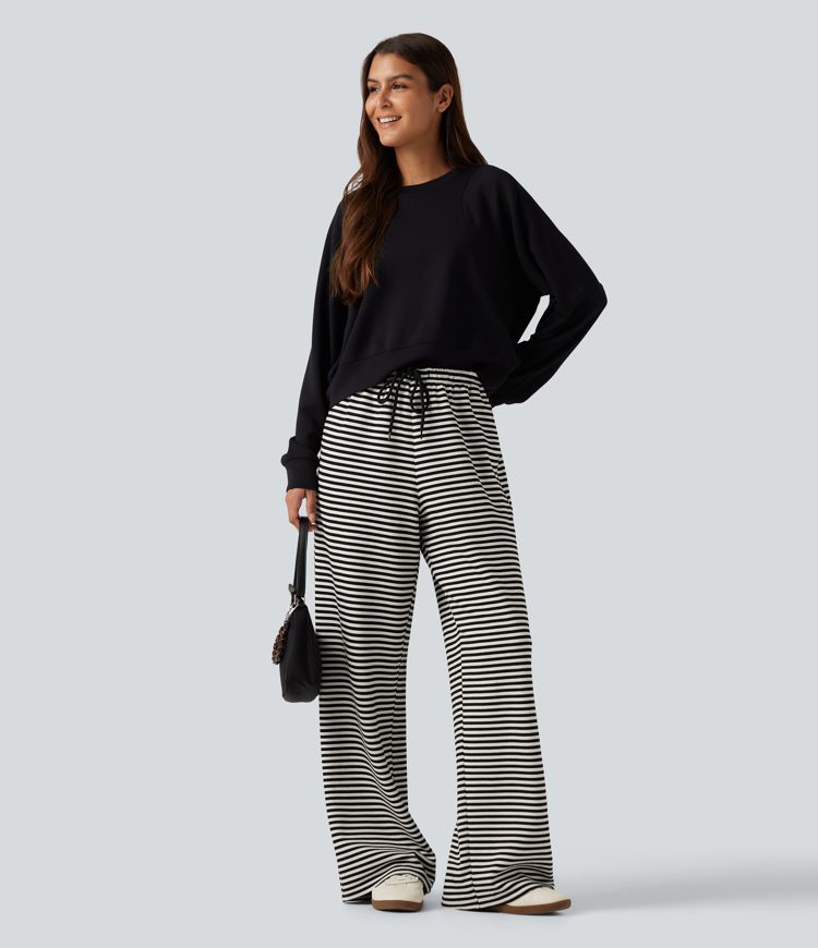 Mid Rise Drawstring Wide Leg Stripe Casual Sweatpants with Pockets