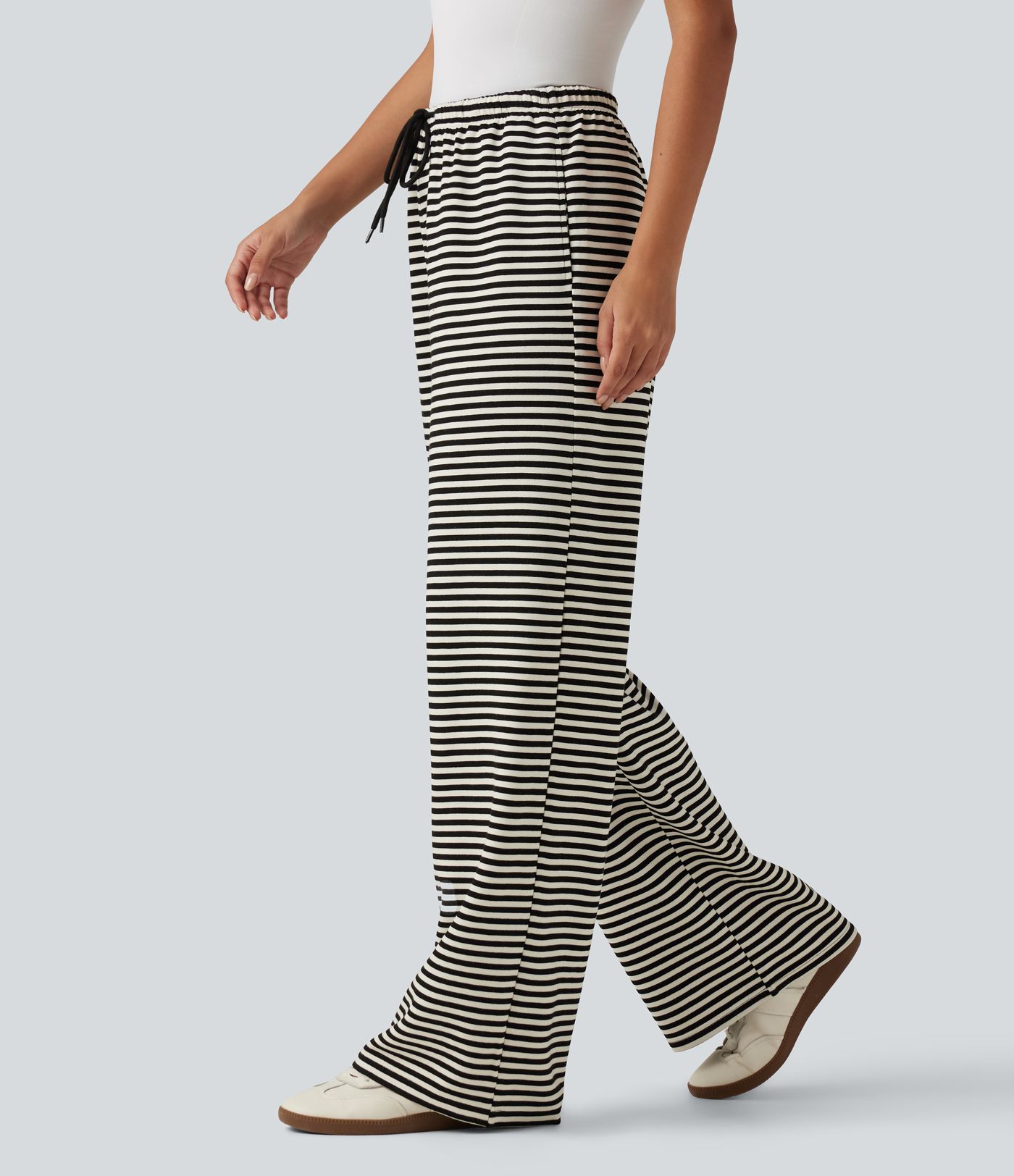 Mid Rise Drawstring Wide Leg Stripe Casual Sweatpants with Pockets