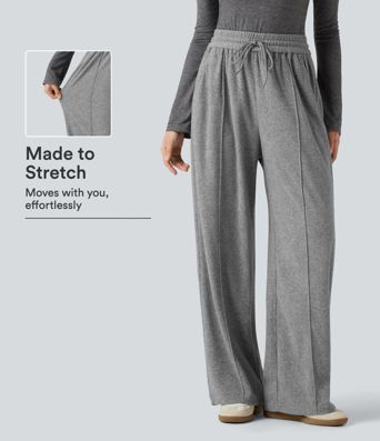 High Waisted Drawstring Wide Leg Casual Trousers with Pockets