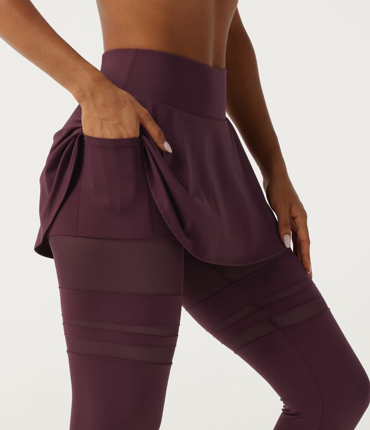 SoftlyZero™ Airy Mid Rise Pleated Contrast Mesh Dance Skirted Leggings with Pockets