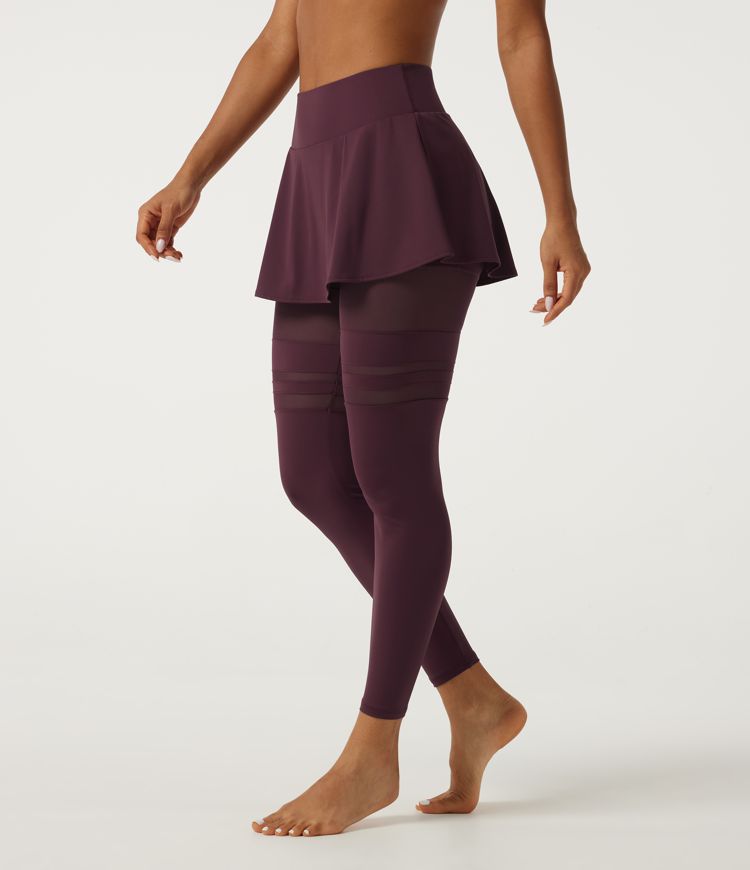 SoftlyZero™ Airy Mid Rise Pleated Contrast Mesh Dance Skirted Leggings with Pockets