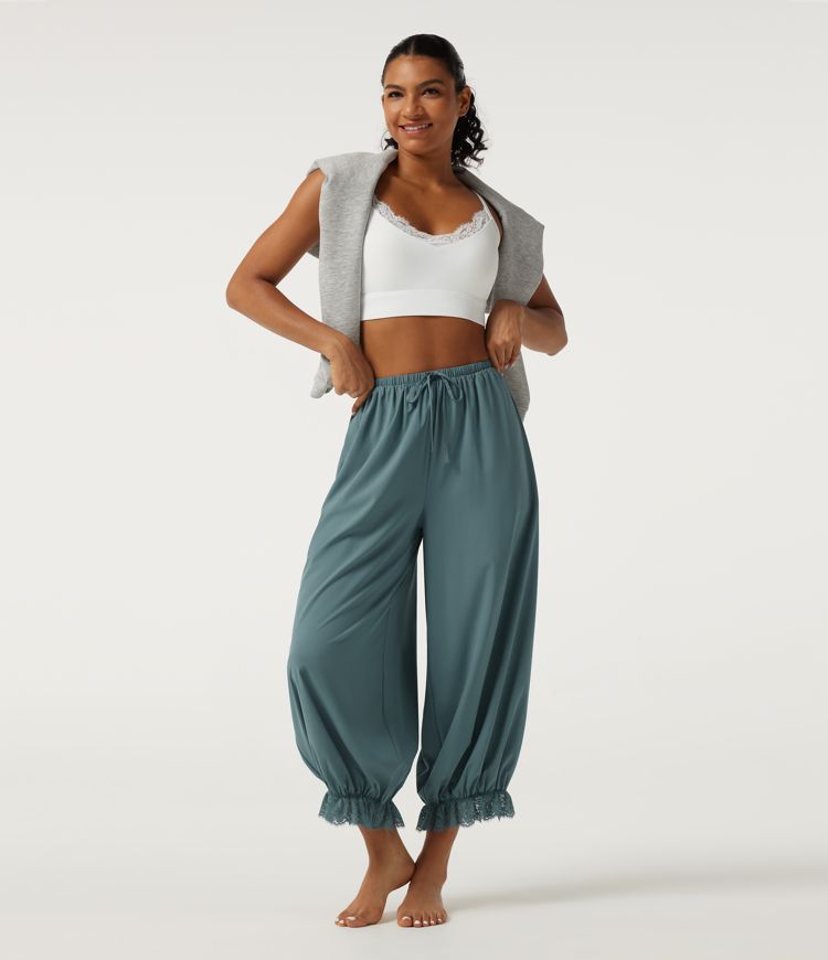 Breezeful™ High-Waist-Tanzhose mit Kordelzug, Kontrastspitze, schnelltrocknendem Material und Taschen Breezeful™ High-Waist-Tanzhose mit Kordelzug, Kontrastspitze, schnelltrocknendem Material und Taschen