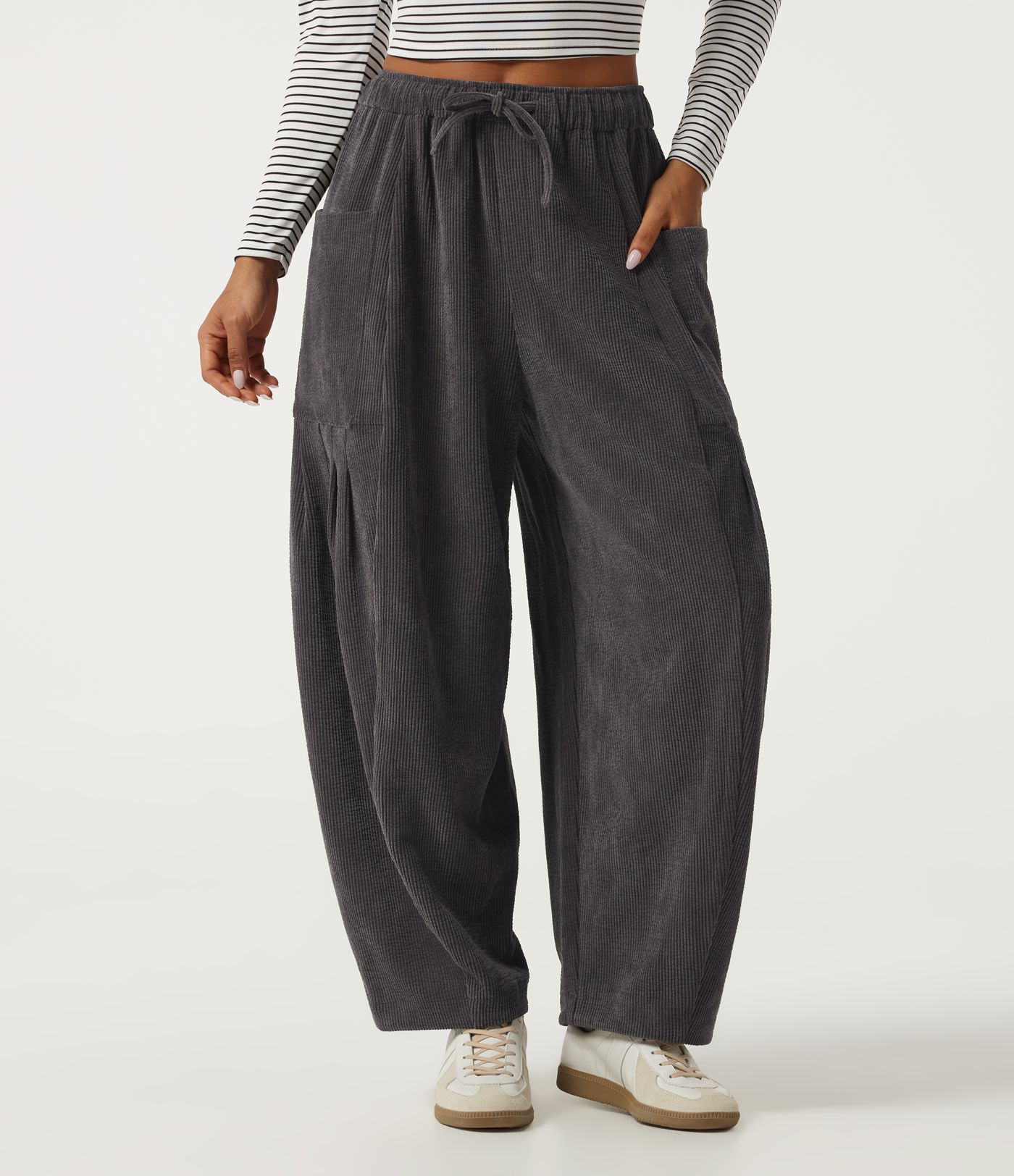 High Waisted Drawstring Corduroy Casual Pants with Pockets High Waisted Drawstring Corduroy Casual Pants with Pockets
