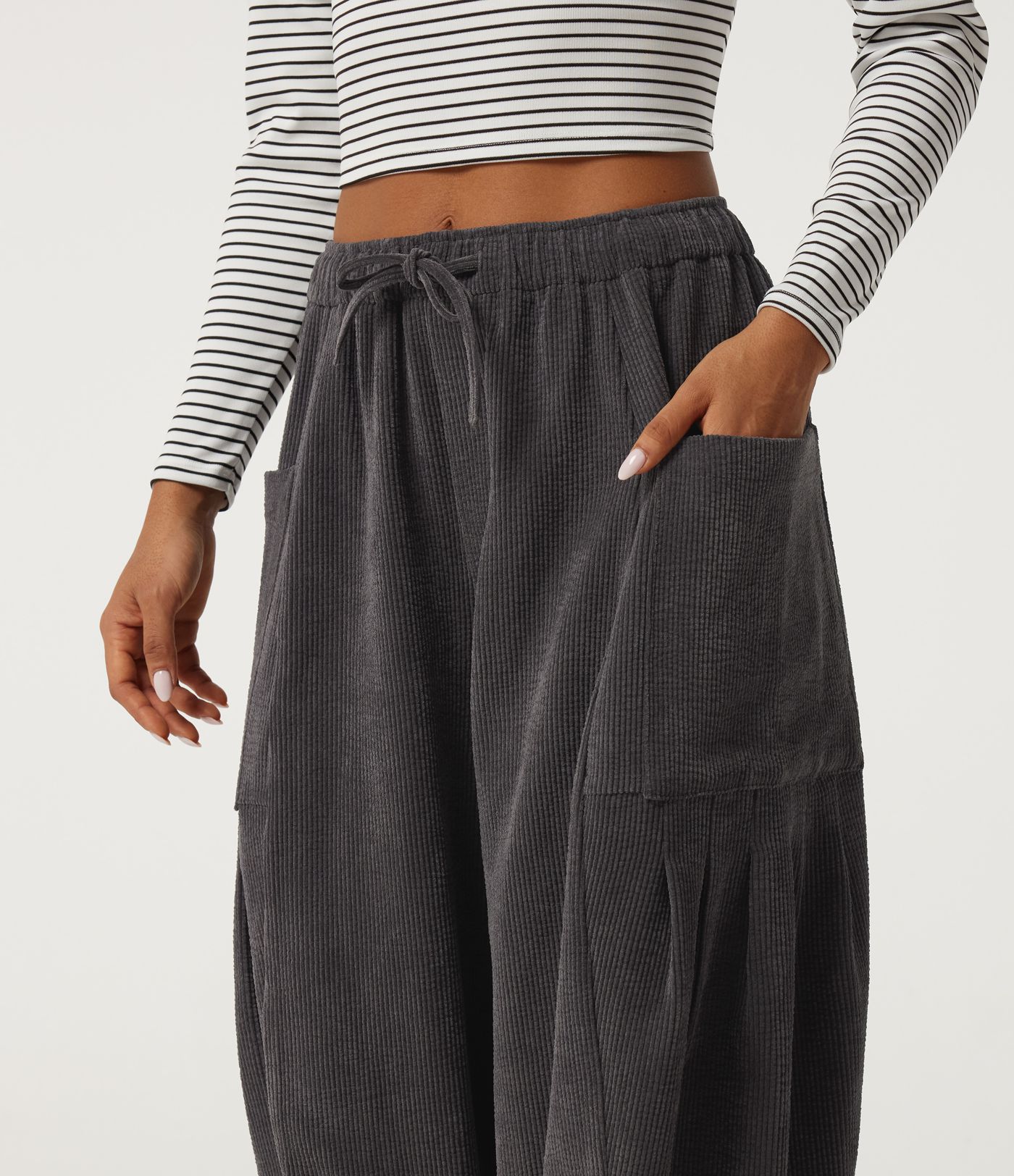 High Waisted Drawstring Corduroy Casual Pants with Pockets High Waisted Drawstring Corduroy Casual Pants with Pockets