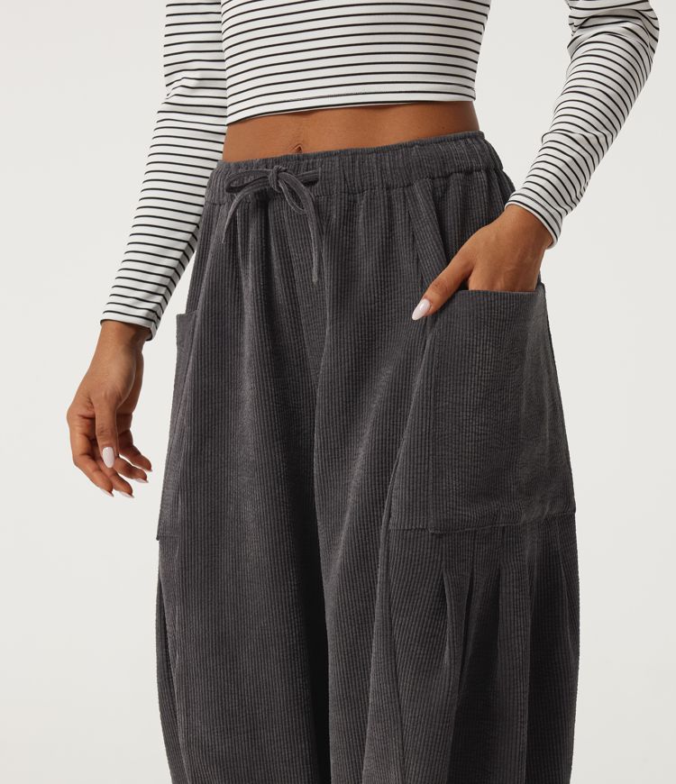 High Waisted Drawstring Corduroy Casual Pants with Pockets High Waisted Drawstring Corduroy Casual Pants with Pockets